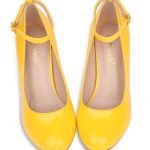 Women Ankle Strap Mid Block Heel Court Shoes- Yellow Patent