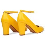 Women Ankle Strap Mid Block Heel Court Shoes- Yellow Patent