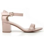 Women Low Mid Heel Block Peep Toe Ladies Ankle Strap Party Strappy Sandals Nude Patent