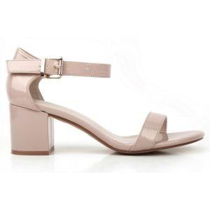 Women Low Mid Heel Block Peep Toe Ladies Ankle Strap Party Strappy Sandals Nude Patent