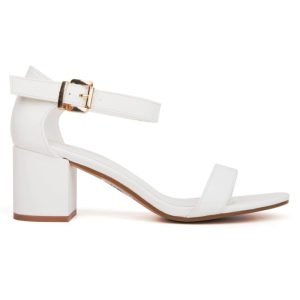 Women Low Mid Heel Block Peep Toe Ladies Ankle Strap Party Strappy Sandals White Matte