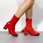 Women's Go Go Boots Mid Calf Block Heel Zipper ankle Boot-Red Patent