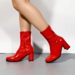 Women's Go Go Boots Mid Calf Block Heel Zipper ankle Boot-Red Patent
