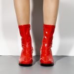Women's Go Go Boots Mid Calf Block Heel Zipper ankle Boot-Red Patent