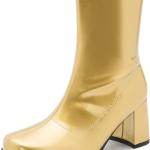 Women's Go Go Boots Mid Calf Block Heel Zipper ankle Boot-Gold Patent