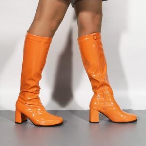 Women Fancy Dress Party GO GO Boots 1960s & 1970s Orange Patent