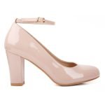 Womens Ankle Strap Mid Block Heel Nude Patent