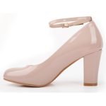 Womens Ankle Strap Mid Block Heel Nude Patent