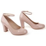 Womens Ankle Strap Mid Block Heel Nude Patent