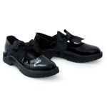 Girls Mary Jane School Shoes with Bow On Strap- Black Patent