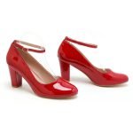 Womens Ankle Strap Mid Block Heel Burgundy Patent