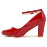 Womens Ankle Strap Mid Block Heel Burgundy Patent